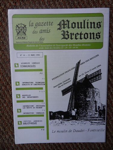 La Gazette Des Amis Des Moulins Bretons N°44-21 Mars 1994
