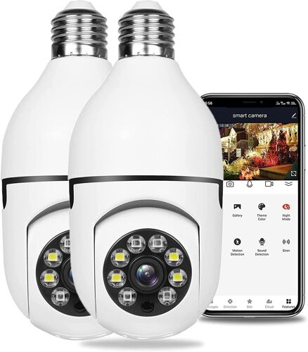 2 pcs Caméra Ampoule, Caméra Ampoule 360 Degrés WiFi Extérieur avec Vision Nocturne, Caméra De Surveillance