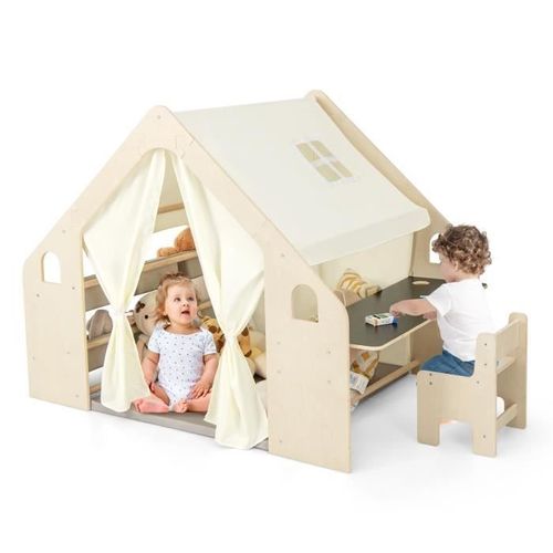 Tente De Jeu Costway 6 En 1 : Tableau Noir, Bac De Rangement,Tapis De Jeu, Ensemble Table Et Chaises, Pour 5 - 6 Enfants