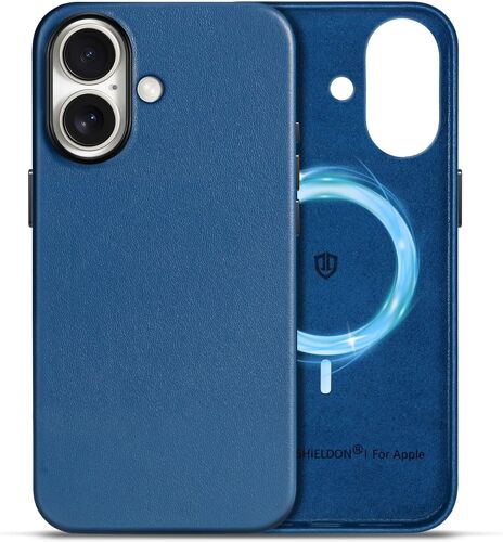 Coque Standard Cuir Véritable pour iPhone 17 6,3 Pouces 5G 2025, Housse Étui Magnétique Mince [Boutons Métal][Anti-Rayures][Chargement sans Fil] Case - Bleu Saphir