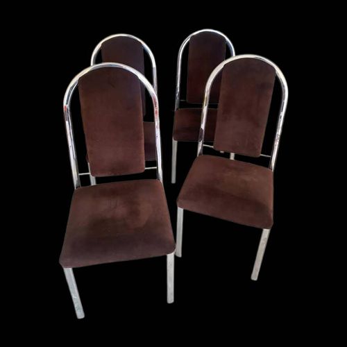 Quatre Chaises Chrome Et Velours Ras Marron Design 70 Marron