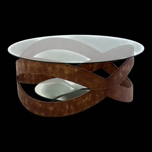 Table basse ronde vintage avec cadre en bois sculptural marron