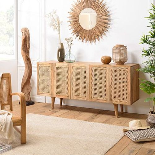 Buffet 5 Portes 177x45,5x85 Cm En Bois Et Rotin Naturel - Kozal