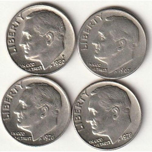 Lot De Quatre Pièces De 1 Dime, Etats-Unis, 1967, 1976, 1978, 1980