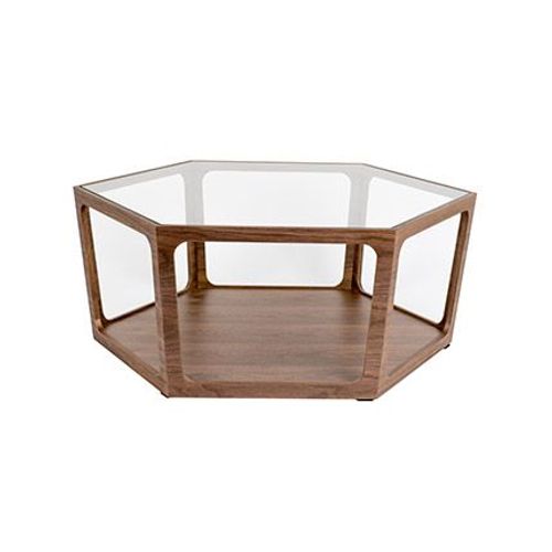 Table Basse 80x92,5x34 Cm En Verre Et Décor Noyer