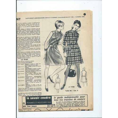 Femmes D'aujourd'hui, Supplément Patron N° 7700 Un Ensemble Élégant Taille 46 Du 13 Mars 1968 N° 1193