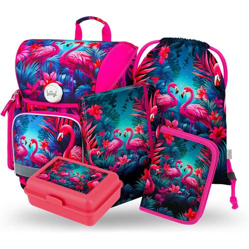 Cartable Garçon 5 Pièces, Cartable Ergo À Partir De La 1Ère Classe, Cartable Ergonomique Avec Sangle De Poitrine, Flamants Roses., Ensemble Cartable