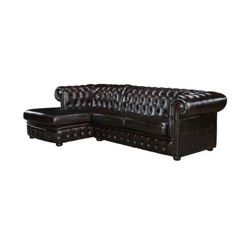 Canapé D'angle Chesterfield Brenton 100% Cuir De Buffle - Marron Reflets Châtains - Angle Gauche