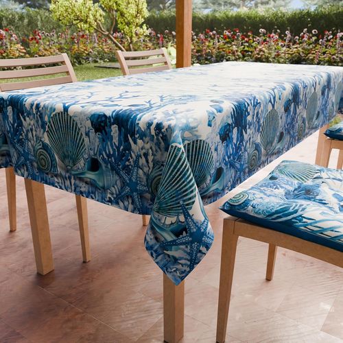 Nappe Anti-Taches Carrée (140 X 140 Cm) Couvre-Table De Cuisine, Motif Corail Bleu, X4 Places, 100% Fabriquée En Italie