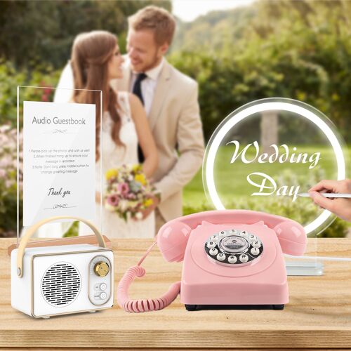 Livre d'or de mariage avec mini haut-parleur Bluetooth et panneau lumineux au néon, présentoir en acrylique (rose)