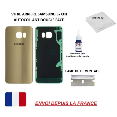 Vitre Arrière Compatible Samsung Galaxy S7 Or Sm-G930f, Qualité Origine En Verre Itechfrance®, Coque Cache Batterie, Double Face Adhésifs, Dissolvant, Lame Rasoir De Démontage