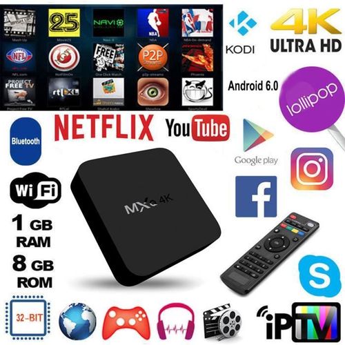 MXQ 4Kx2K Smart Box Android Quad Core WiFi 1.2GHz 8GB IPTV Réseau TV UE