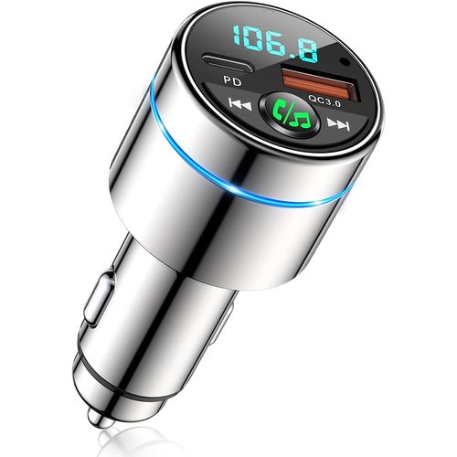 Transmetteur FM Bluetooth 5.3, Tout Métal Bluetooth Voiture, Chargeur Rapide de Voiture PD 30W Type C+ QC3.0, avec Suppression du Bruit pour Appels Mains Libres, Musique Hi-FI, Anneau Lumineux