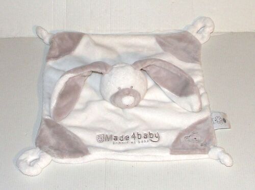 Doudou Peluche Plat Carré Lapin Blanc Et Gris Beige Broderie New Baby Balaruc Ours Vaco