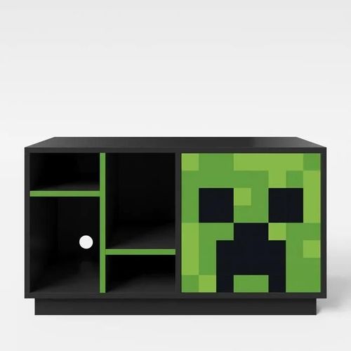 Meuble Tv Roba Minecraft Creeper Avec Led Et Passage De Câbles - 4 Niches Et Porte - Buffet Tv Style Gamer