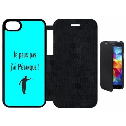 Etui Flip Flap Iphone 7 - Je Peux Pas J Ai Petanque Turquoise - Simili-Cuir - Noir