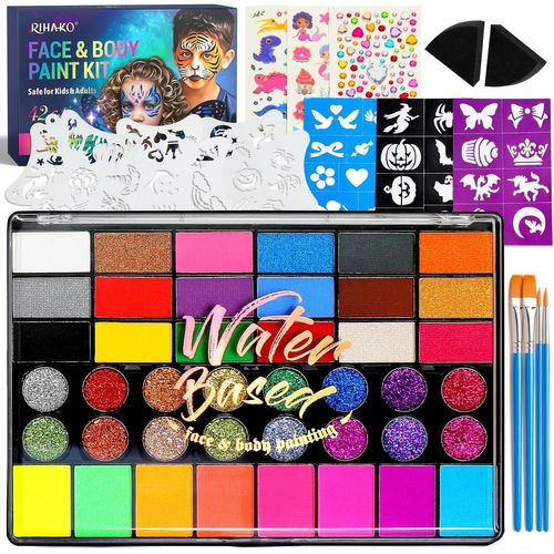 TZF-Kit de maquillage pour enfants, 42 couleurs professionnelles, avec pochoirs, pinceaux et pierres précieuses, pour carnaval, Halloween, déguisement et fête des enfants, Le cadeau idéal pour les en