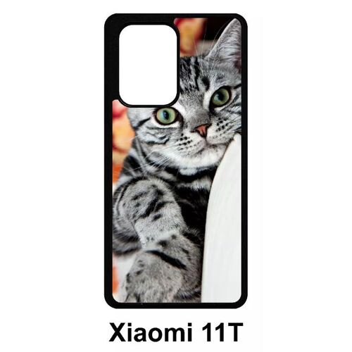 Coque Pour Xiaomi 11t - Chat Tigré Gris Yeux Vert - Silicone - Noir