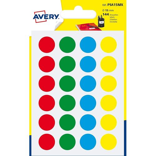 Avery Sachet De 144 Pastilles Ø15 Mm. Ecriture Manuelle Coloris Assortis