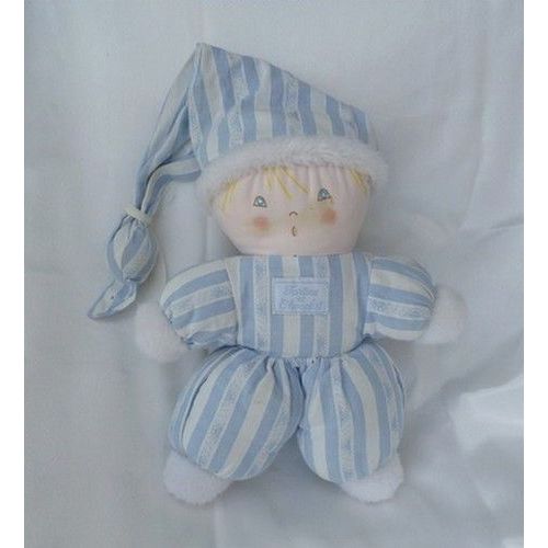 Doudou Peluche Poupée Lutin Chiffon Rayures Bleu Blanc Grelot Tartine Et Chocolat