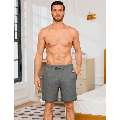 Tzf-Short Pyjama Homme Coton Uni Pantalon De Nuit Court Doux Avec Ceinture Élastique Et Poches Bas De Pyjama Décontracté Été