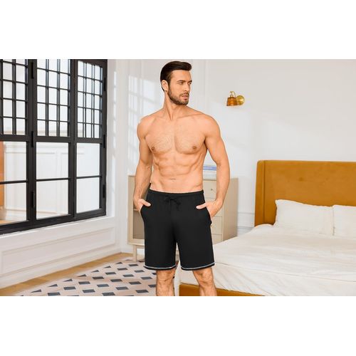 Tzf-Short Pyjama Homme Coton Uni Pantalon De Nuit Court Doux Avec Ceinture Élastique Et Poches Bas De Pyjama Décontracté Été