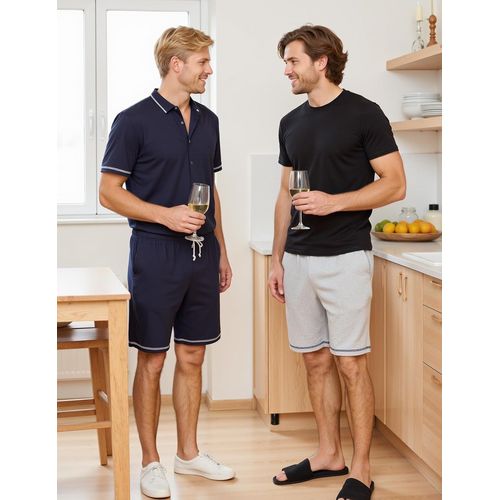 Tzf-Short Pyjama Homme Coton Uni Pantalon De Nuit Court Doux Avec Ceinture Élastique Et Poches Bas De Pyjama Décontracté Été