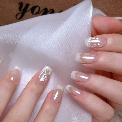 Kal-Lot De 24 Faux Ongles French Press On Nails, Courts, Carrés, À Coller, Bord Blanc, En Acrylique, Pour Femme, Printemps, Été, Rose Nude, Scintillant, À Coller, Accessoires D'ongles 