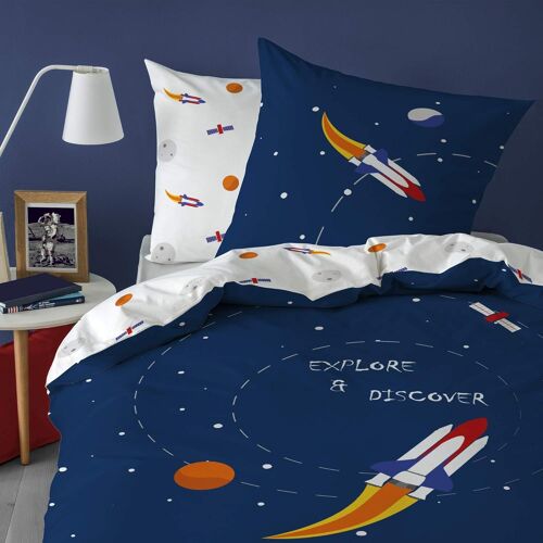 Parure De Lit Enfant Explore Space X Cm | % Coton | Oeko-Tex | Housse De Couette Personne X Cm Taie D'oreiller X Cm Imprim¿¿S R¿¿Versibles | Bleu