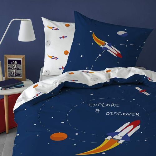 Tianyi-Parure De Lit Enfant Explore Space 140x200 Cm | 100% Coton | Oeko-Tex | Housse De Couette 1 Personne 140x200 Cm 1 Taie D'oreiller 63x63 Cm Imprimés Réversibles | Bleu