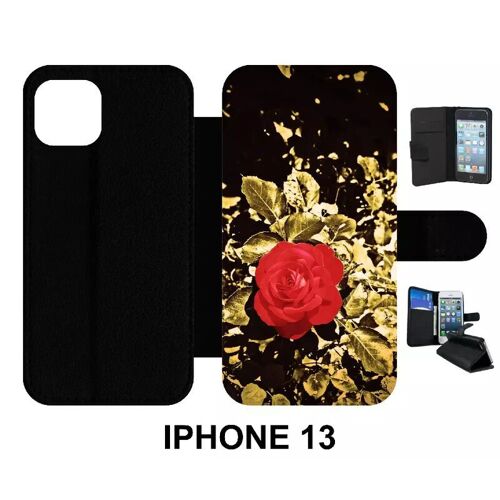 Etui À Rabat Iphone 13 - Rose Et Feuille D'or - Simili-Cuir - Noir