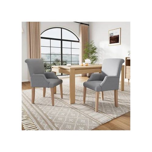 Chaise De Salle À Manger En Lin, Ensemble De 2, Avec Pieds En Bois Massif, Accoudoirs, Coussins Épais, Pieds Réglables, Gris