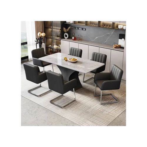 Ensemble De 6 Chaises De Salle À Manger À Rayures Verticales, Fauteuil Rembourré À Chevrons Avec Pieds En Métal, Similicuir, Noir