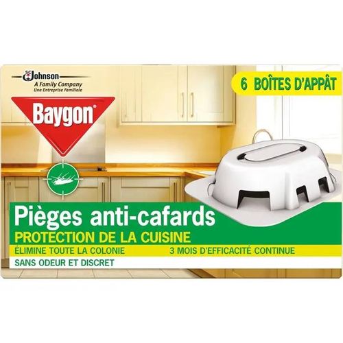 Baygon Pièges Anti-Cafards - Protection de la cuisine - 3 Mois d'Efficacité Continue - Sans Odeur - 6 Boîtes d'Appât