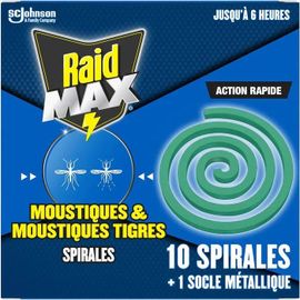 Raid Max 10 Spirales - Anti-Moustiques & Moustiques Tigres - Protection Efficace En Extérieur - 1 Socle