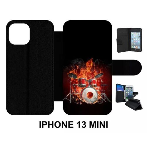 Etui À Rabat Iphone 13 Mini - Squellette Joue A La Batterie Flamme - Simili-Cuir - Noir
