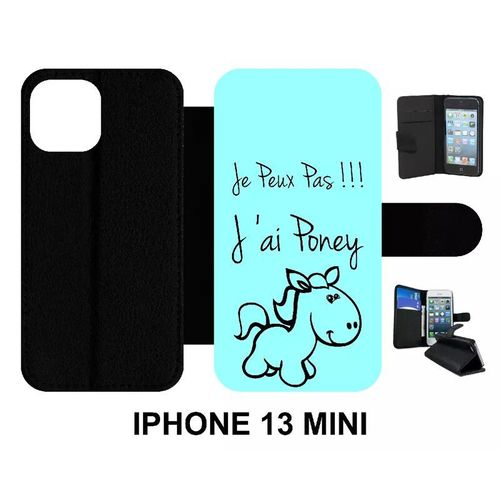 Etui À Rabat Iphone 13 Mini - Citation Poney Turquoise - Simili-Cuir - Noir