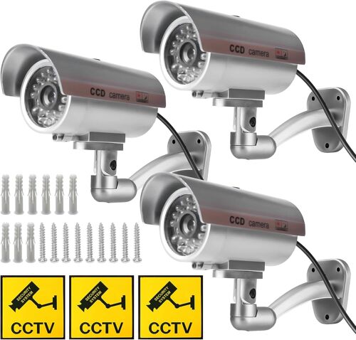 Caméra Factice 3 Pièces: Caméra de Surveillance Factice Extérieur avec Lumière LED Rouge Clignotant, Atrappe Caméra de Surveillance Fausse Caméra de Sécurité pour Intérieur et Extérieur (Argent