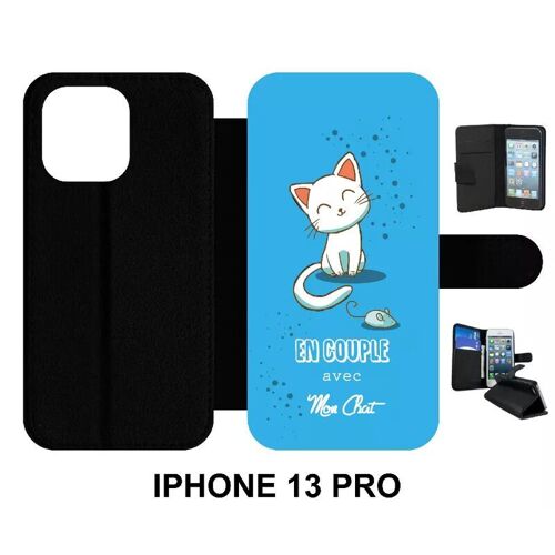 Etui À Rabat Iphone 13 Pro - En Couple Avec Mon Chat Fond Bleu - Simili-Cuir - Noir