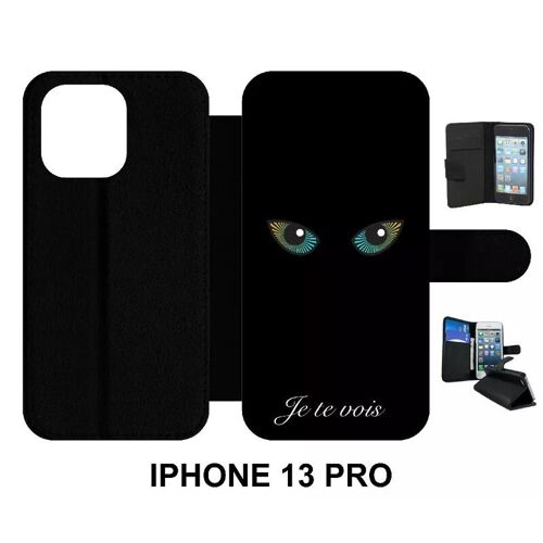 Etui À Rabat Iphone 13 Pro - Je Te Vois Yeux De Chat - Simili-Cuir - Noir