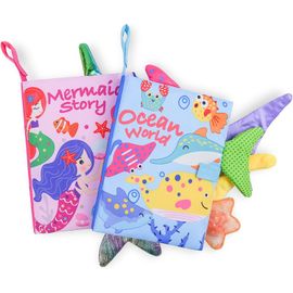 2pcs Livre Tissu Bébé,Livre Tissu Bébé Eveil Livre Bébé Doux Lavable Educatif En Tissu Jouets Educatif Idée Cadeau Dès Naissance(Sirène + Océan)