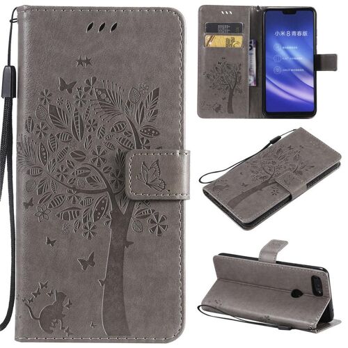 Xiaomi Mi 8 Lite Coque, SATURCASE Arbre à Chat Gaufrage PU Cuir Magnétique Flip Portefeuille Support Porte-carte Protecteur Coque Housse Étui avec Dragonne pour Xiaomi Mi 8 Lite (Gris)