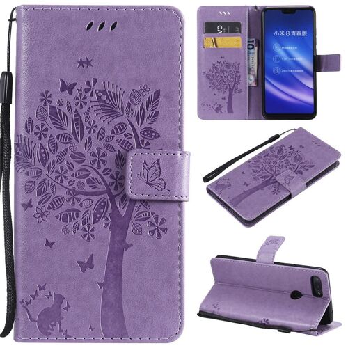 Xiaomi Mi 8 Lite Coque, Saturcase Arbre À Chat Gaufrage Pu Cuir Magnétique Flip Portefeuille Support Porte-Carte Protecteur Coque Housse Étui Avec Dragonne Pour Xiaomi Mi 8 Lite (Lavande)