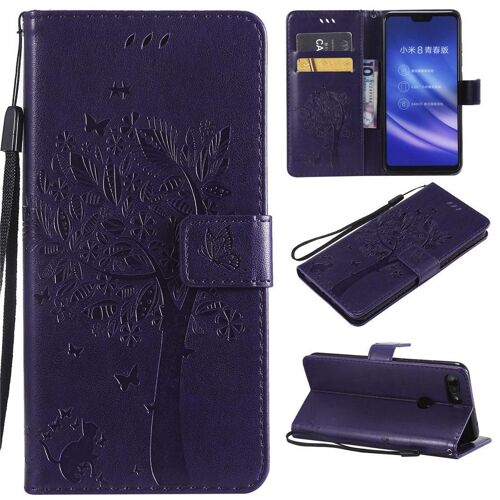Xiaomi Mi 8 Lite Coque, Saturcase Arbre À Chat Gaufrage Pu Cuir Magnétique Flip Portefeuille Support Porte-Carte Protecteur Coque Housse Étui Avec Dragonne Pour Xiaomi Mi 8 Lite (Violet)