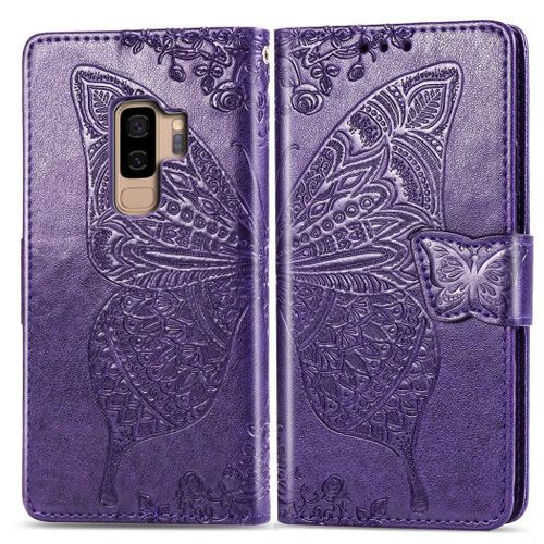 Samsung Galaxy S9 Plus Coque, Saturcase Papillon Gaufrage Pu Cuir Magnétique Flip Portefeuille Support Porte-Carte Protecteur Coque Housse Étui Avec Dragonne Pour Samsung Galaxy S9 Plus (Violet)