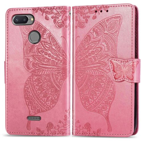 Xiaomi Redmi 6 Coque, Saturcase Papillon Gaufrage Pu Cuir Magnétique Flip Portefeuille Support Porte-Carte Protecteur Coque Housse Étui Avec Dragonne Pour Xiaomi Redmi 6 (Rose)