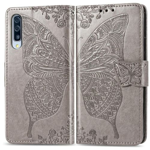 Samsung Galaxy A50 Coque, Saturcase Papillon Gaufrage Pu Cuir Magnétique Flip Portefeuille Support Porte-Carte Protecteur Coque Housse Étui Avec Dragonne Pour Samsung Galaxy A50 (Gris)