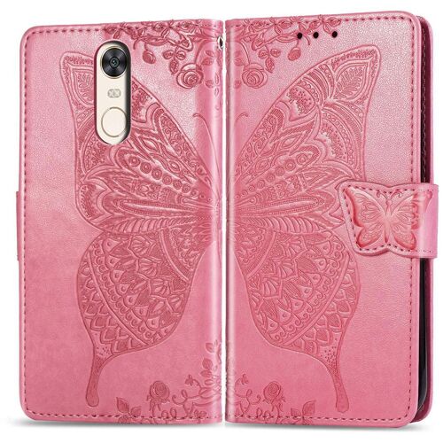 Xiaomi Redmi 5 Coque, Saturcase Papillon Gaufrage Pu Cuir Magnétique Flip Portefeuille Support Porte-Carte Protecteur Coque Housse Étui Avec Dragonne Pour Xiaomi Redmi 5 (Rose)