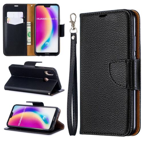 Huawei P20 Lite Coque, SATURCASE Litchi PU Cuir Magnétique Flip Portefeuille Support Porte-carte Protecteur Coque Housse Étui avec Dragonne pour Huawei P20 Lite (Noir)