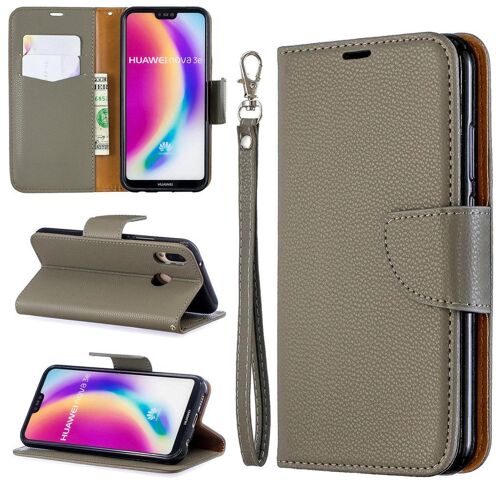 Huawei P20 Lite Coque, SATURCASE Litchi PU Cuir Magnétique Flip Portefeuille Support Porte-carte Protecteur Coque Housse Étui avec Dragonne pour Huawei P20 Lite (Gris)